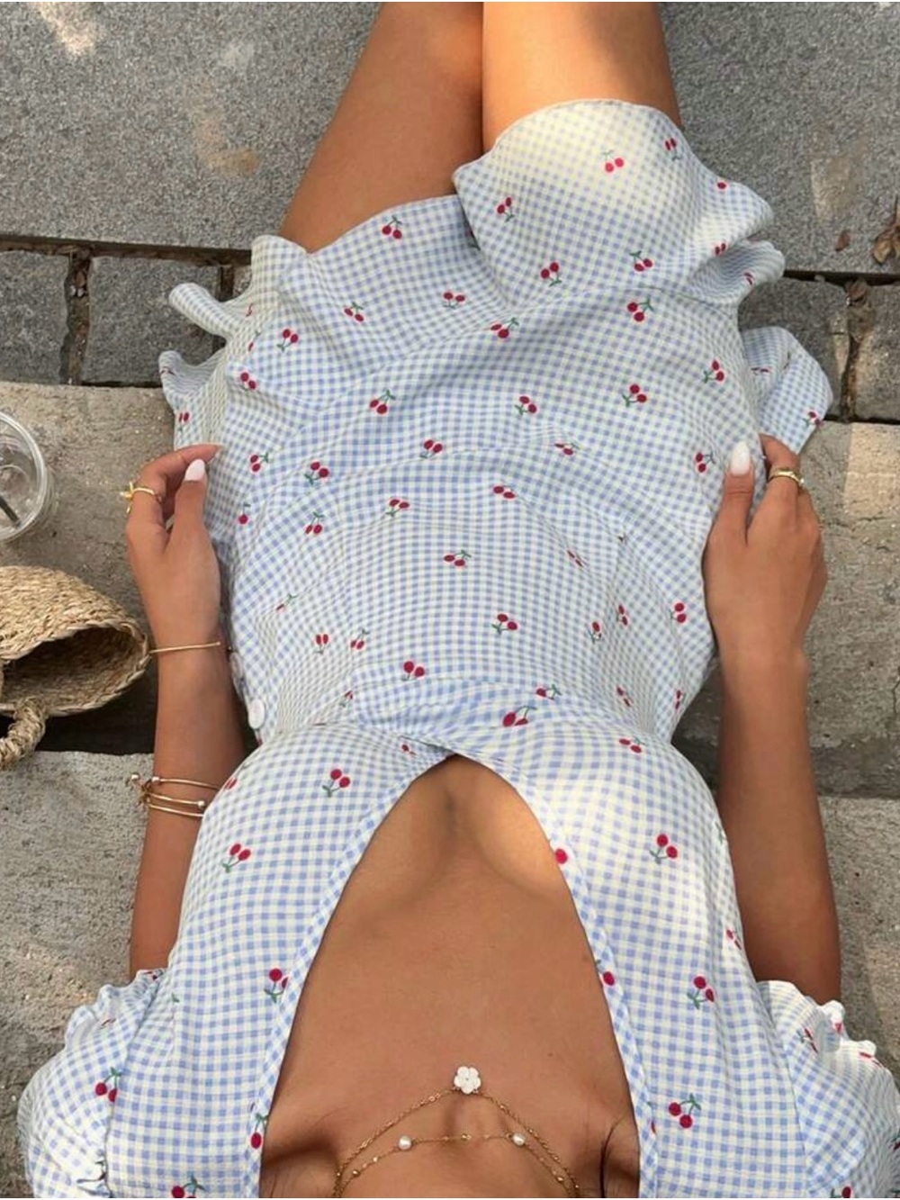 Blue Gingham Cherry Wrap Mini Dress - Picture 5 of 6